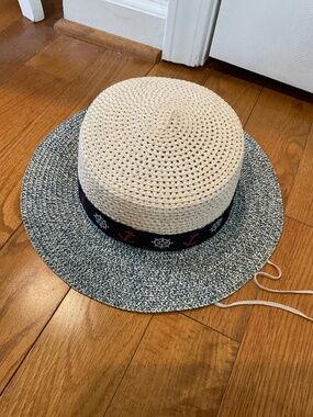 Blue and White Woven Hat with Nautical Hat Band